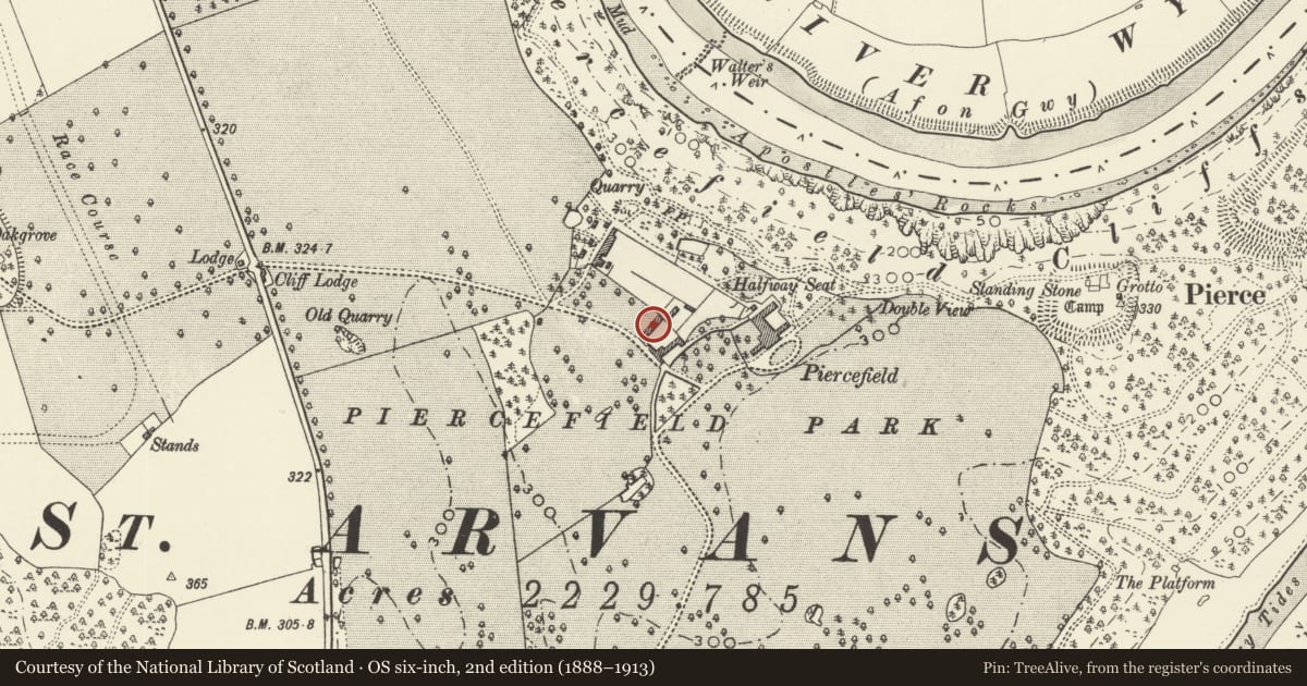 Ordnance Survey six-inch map, 2nd edition (1888–1913) covering the location of Barn and attached Byre near Piercefield Stables, Chepstow, Monmouthshire, with a pin at the register's coordinates