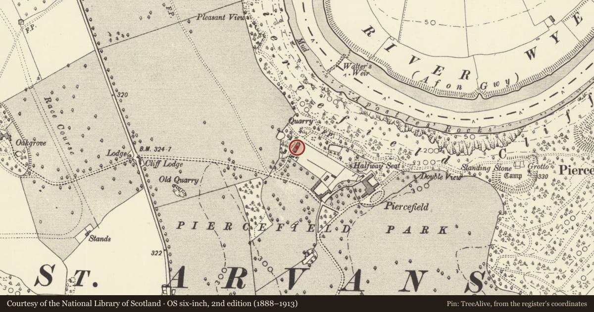 Ordnance Survey six-inch map, 2nd edition (1888–1913) covering the location of Walls of Walled Garden and attached Bothies and Cottage at Piercefield Park, Chepstow, Monmouthshire, with a pin at the register's coordinates