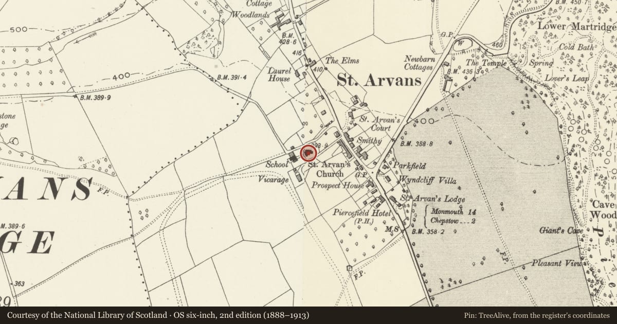 Ordnance Survey six-inch map, 2nd edition (1888–1913) covering the location of Church of St Arvan, St. Arvans, Monmouthshire, with a pin at the register's coordinates
