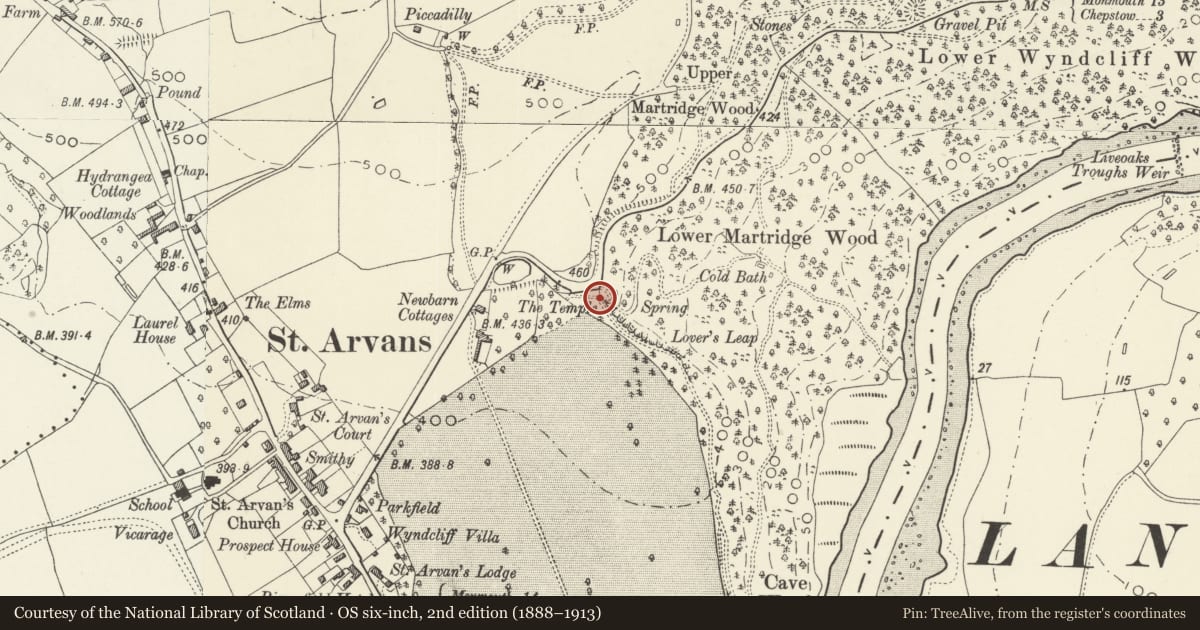 Ordnance Survey six-inch map, 2nd edition (1888–1913) covering the location of Wall and Gatepiers (known as Temple Doors) to Piercefield Park at The Wyndcliff, St. Arvans, Monmouthshire, with a pin at the register's coordinates