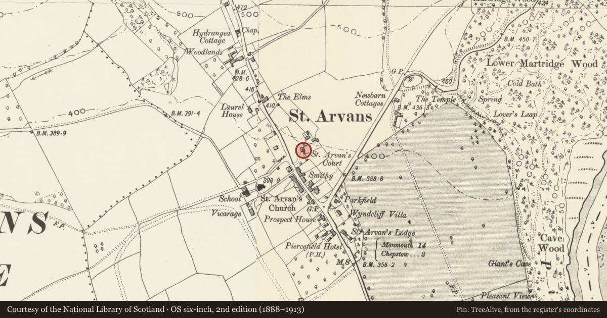 Ordnance Survey six-inch map, 2nd edition (1888–1913) covering the location of St. Arvans Court, Monmouthshire, with a pin at the register's coordinates