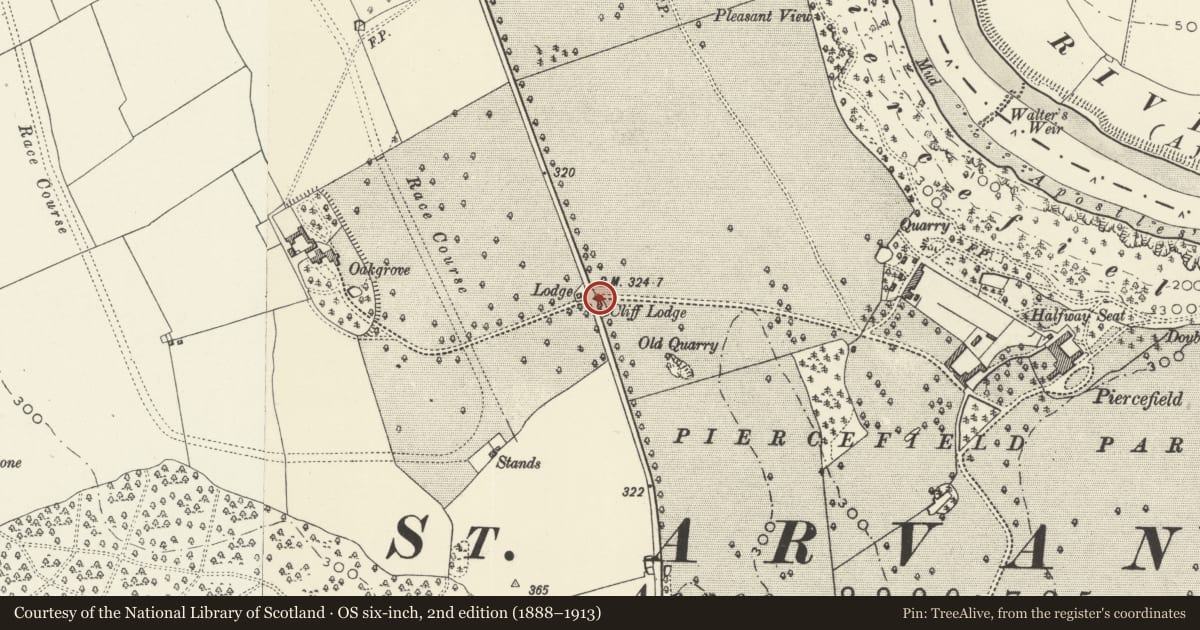 Ordnance Survey six-inch map, 2nd edition (1888–1913) covering the location of Entrance Gates and Gatepiers of Chepstow Racecourse (Piercefield Park) at Middle Lodge, Monmouthshire, with a pin at the register's coordinates