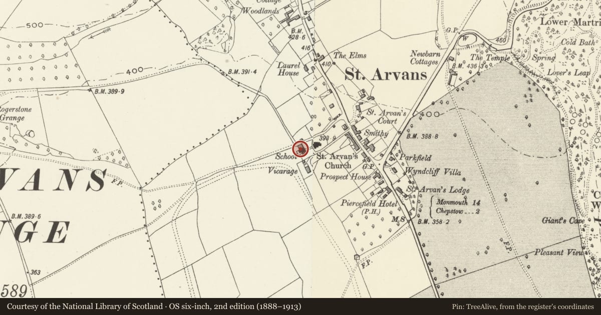 Ordnance Survey six-inch map, 2nd edition (1888–1913) covering the location of Sycamore Lodge, St. Arvans, Monmouthshire, with a pin at the register's coordinates