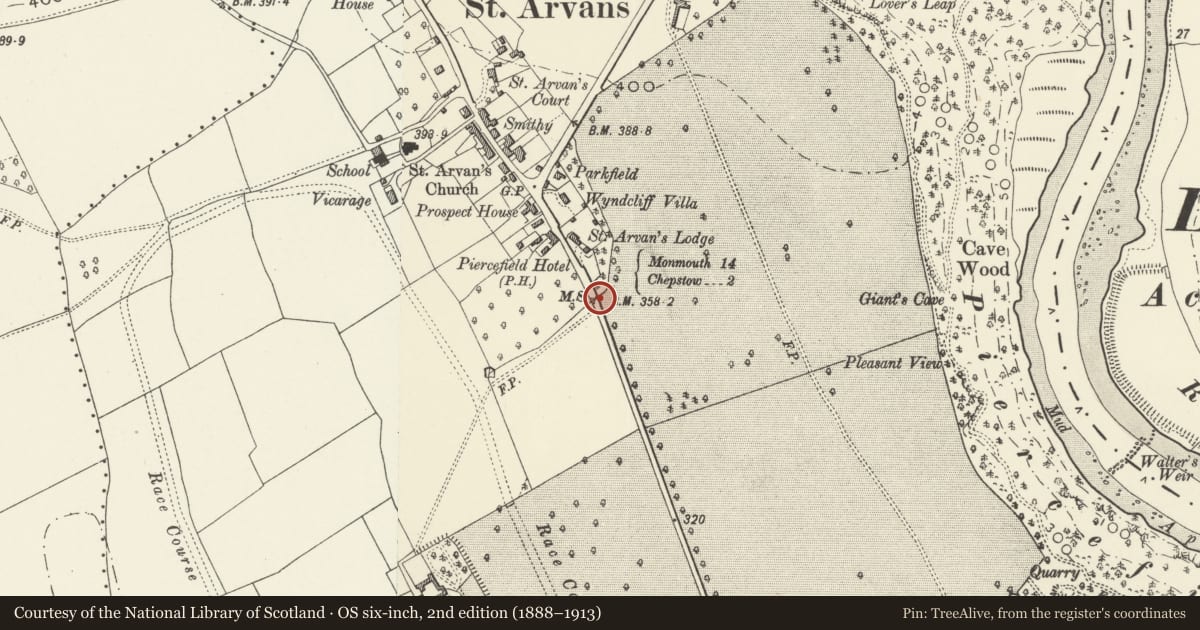 Ordnance Survey six-inch map, 2nd edition (1888–1913) covering the location of Milestone set in the Boundary Wall of Chepstow Racecourse (Piercefield Park), Monmouthshire, with a pin at the register's coordinates
