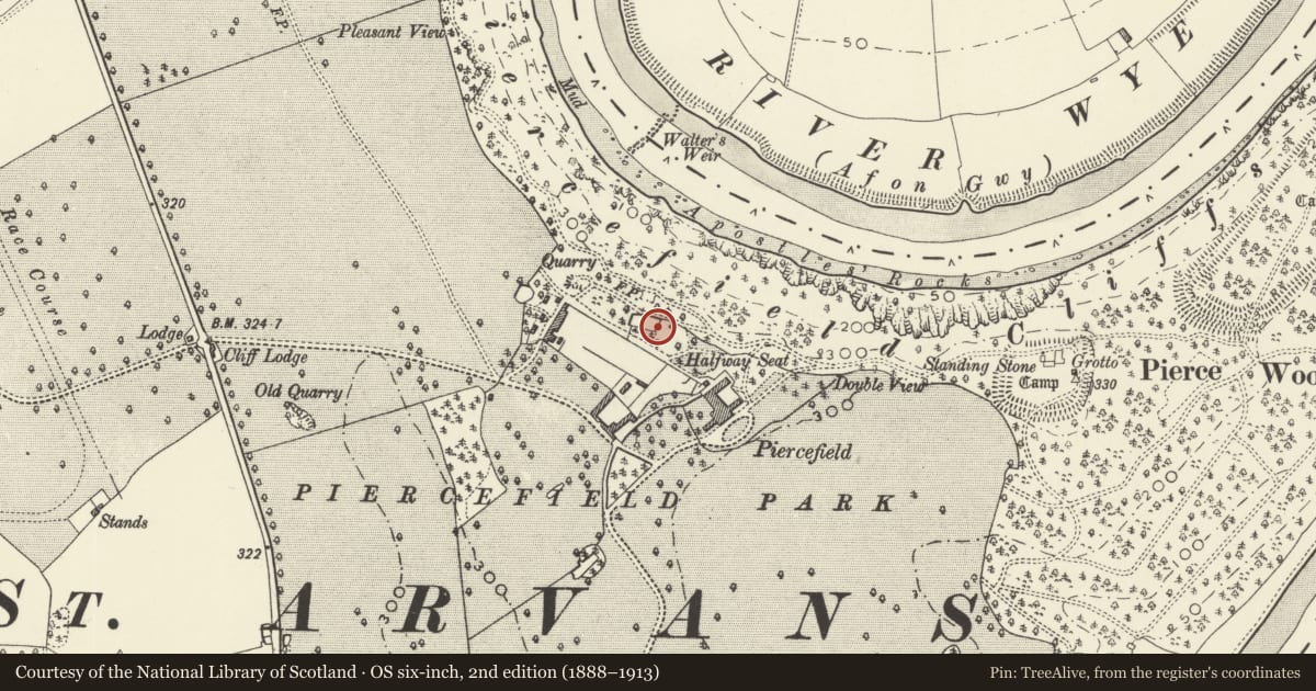 Ordnance Survey six-inch map, 2nd edition (1888–1913) covering the location of Dam and Retaining Walls of Pond by the Walled Garden at Piercefield Park, Chepstow, Monmouthshire, with a pin at the register's coordinates