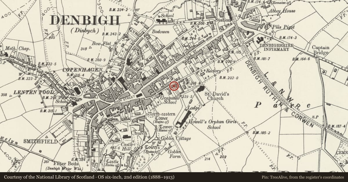 Ordnance Survey six-inch map, 2nd edition (1888–1913) covering the location of 15 Park Street, Denbigh, Denbighshire, with a pin at the register's coordinates