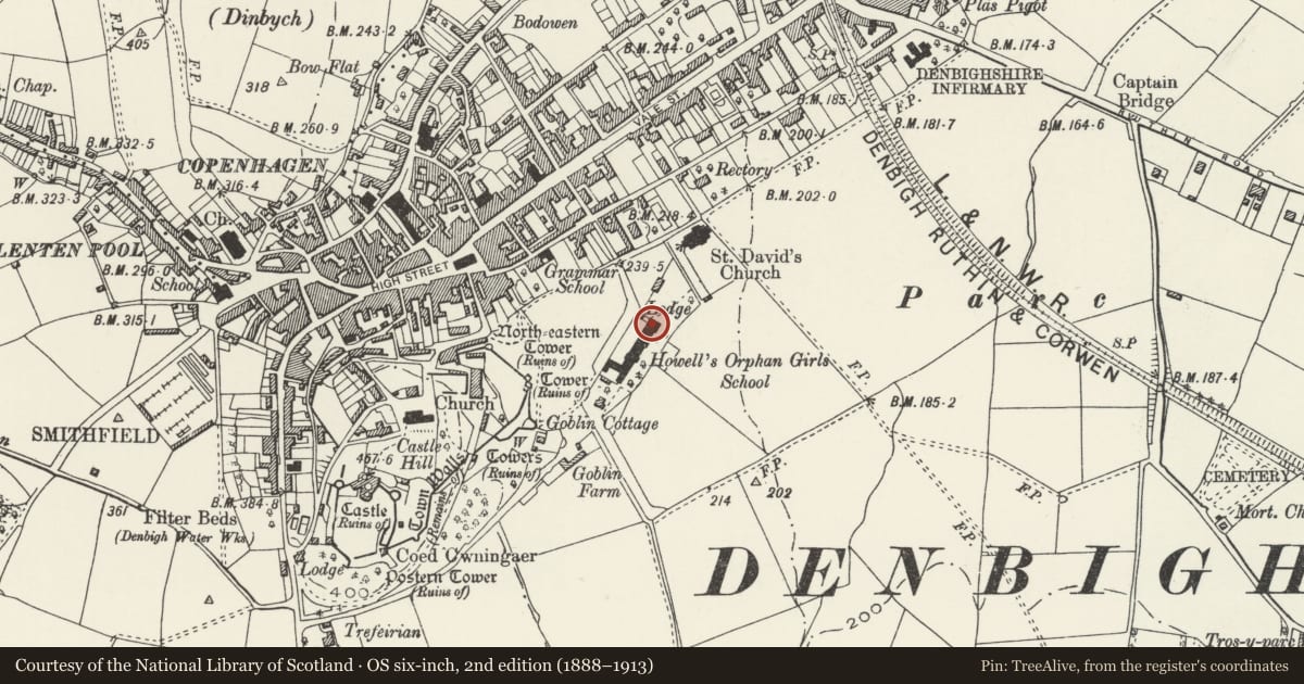 Ordnance Survey six-inch map, 2nd edition (1888–1913) covering the location of Main Building at Howells School, Denbigh, Denbighshire, with a pin at the register's coordinates