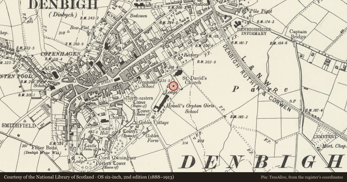 Ordnance Survey six-inch map, 2nd edition (1888–1913) covering the location of NE Quadrangle at Howell's School, Denbigh, Denbighshire, with a pin at the register's coordinates