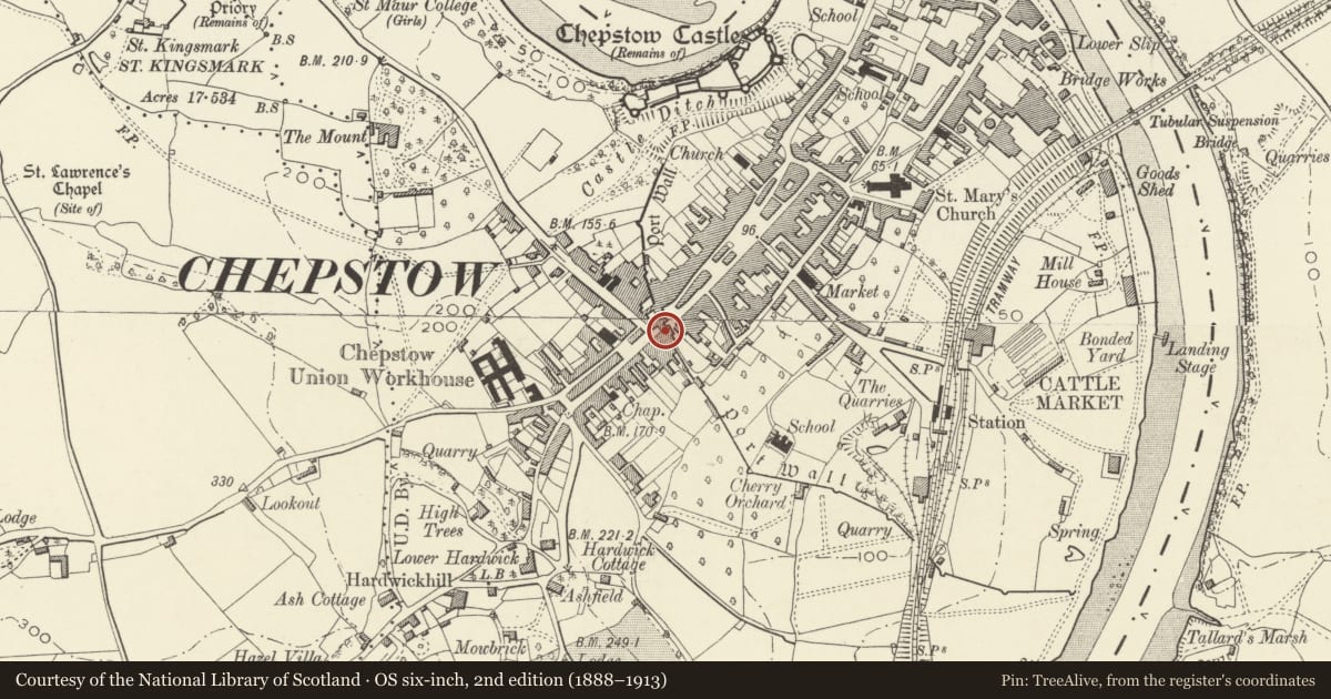 Ordnance Survey six-inch map, 2nd edition (1888–1913) covering the location of Gate House, Chepstow, Monmouthshire, with a pin at the register's coordinates
