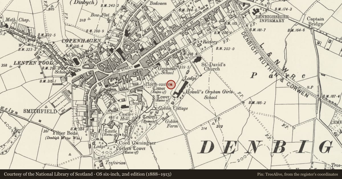 Ordnance Survey six-inch map, 2nd edition (1888–1913) covering the location of Saint George’s Dormitory Block at Howell's School, Denbigh, Denbighshire, with a pin at the register's coordinates
