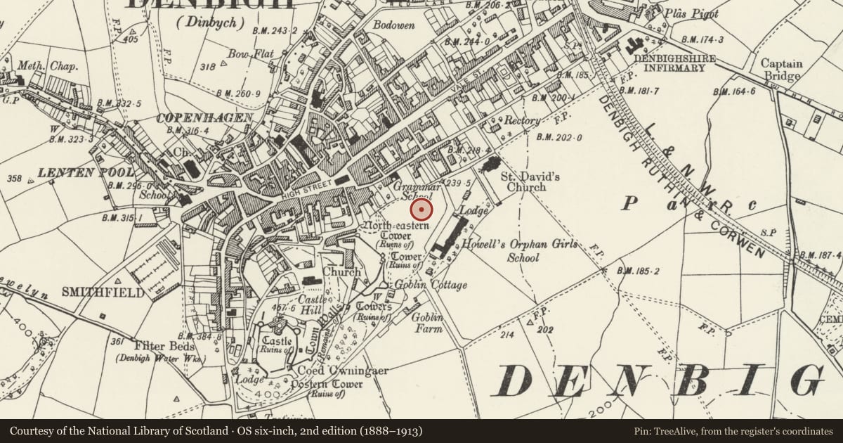 Ordnance Survey six-inch map, 2nd edition (1888–1913) covering the location of Saint Andrew’s Dormitory Block at Howell's School, Denbigh, Denbighshire, with a pin at the register's coordinates