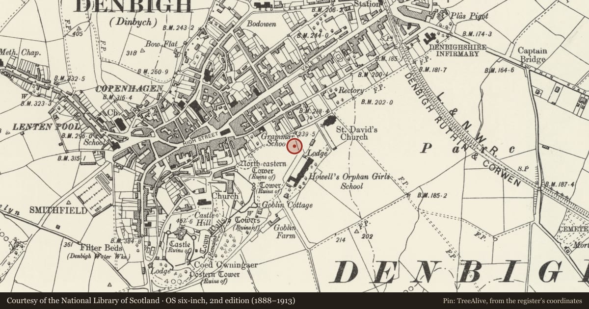 Ordnance Survey six-inch map, 2nd edition (1888–1913) covering the location of Saint Patrick’s Dormitory Block at Howell's School, Denbigh, Denbighshire, with a pin at the register's coordinates