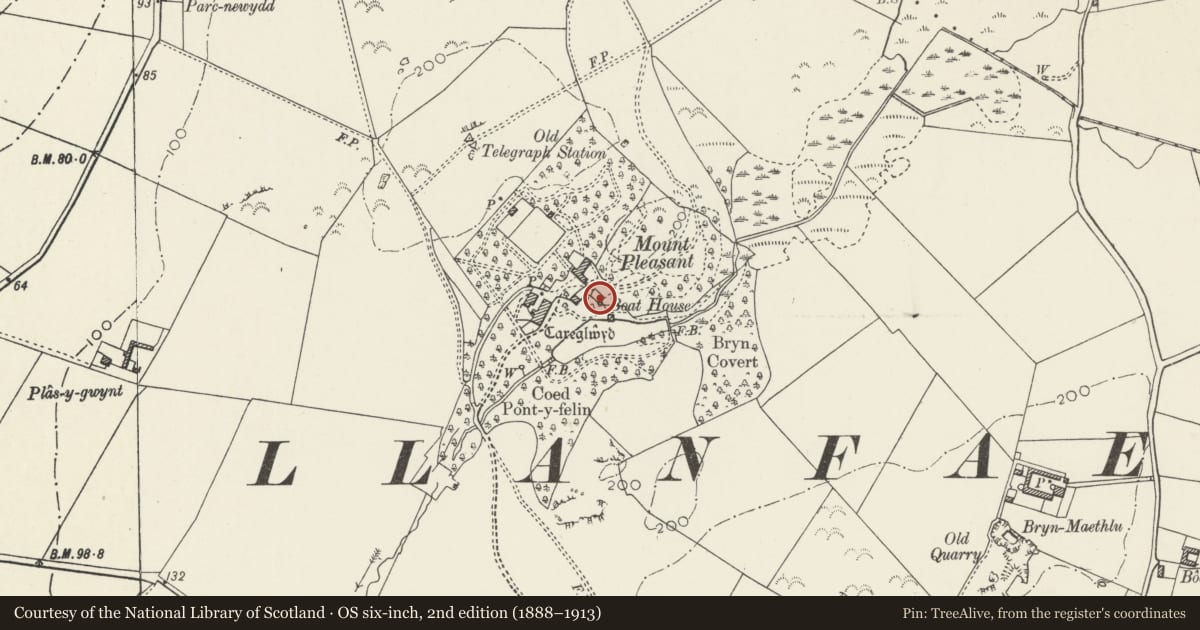 Ordnance Survey six-inch map, 2nd edition (1888–1913) covering the location of Dovecote, Carreglwyd, Llanfaethlu, Isle of Anglesey, with a pin at the register's coordinates