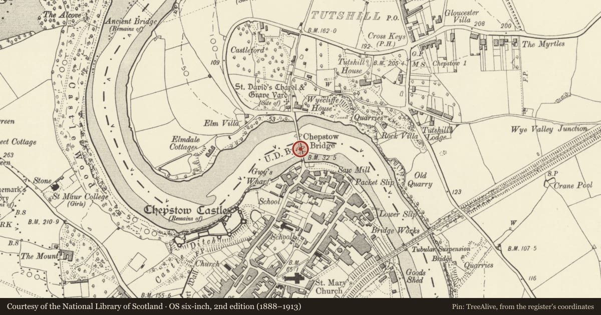 Ordnance Survey six-inch map, 2nd edition (1888–1913) covering the location of Road Bridge over River Wye, Chepstow, Monmouthshire, with a pin at the register's coordinates