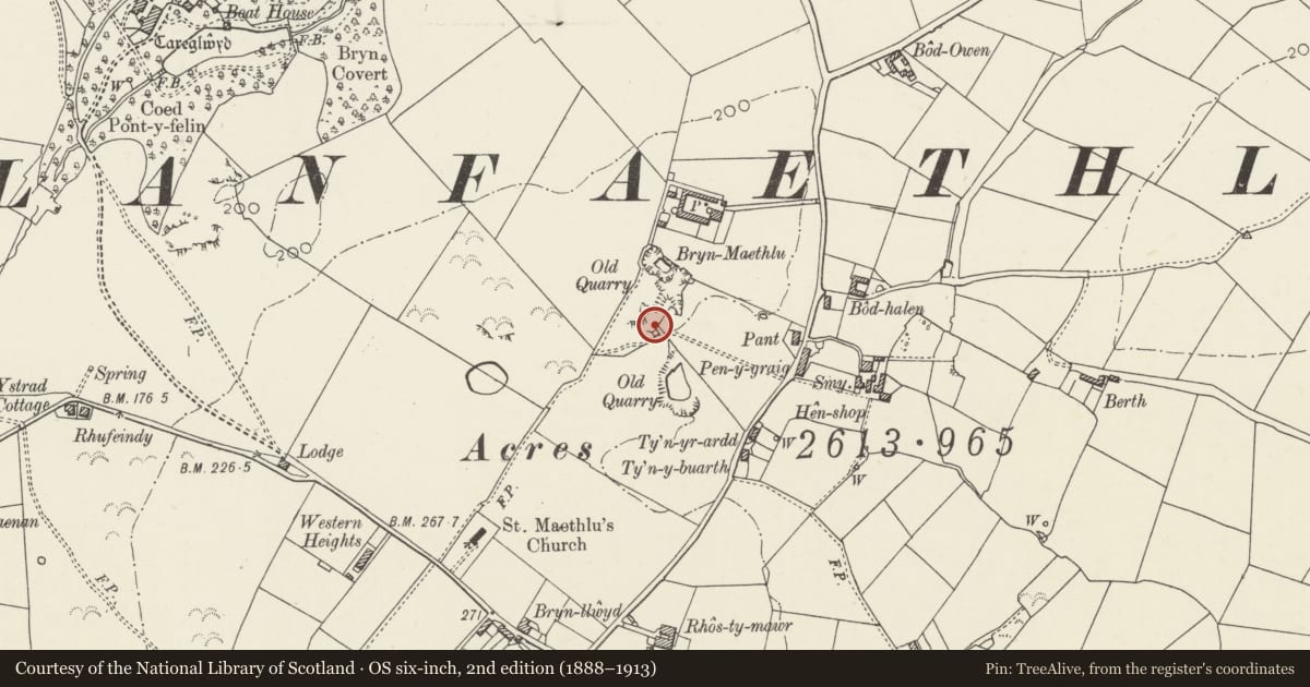 Ordnance Survey six-inch map, 2nd edition (1888–1913) covering the location of Limekiln, Carreglwyd, Llanfaethlu, Isle of Anglesey, with a pin at the register's coordinates
