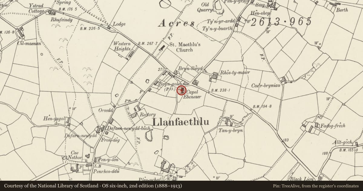 Ordnance Survey six-inch map, 2nd edition (1888–1913) covering the location of Ebenezer Chapel including chapel house and hall, Llanfaethlu, Isle of Anglesey, with a pin at the register's coordinates
