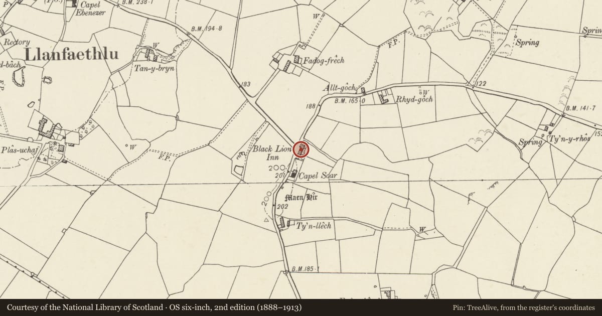 Ordnance Survey six-inch map, 2nd edition (1888–1913) covering the location of Black Lion Inn, Llanfaethlu, Isle of Anglesey, with a pin at the register's coordinates