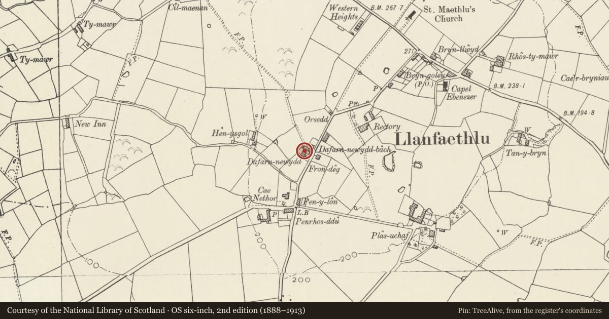 Ordnance Survey six-inch map, 2nd edition (1888–1913) covering the location of Dafarn-newydd including outbuilding range to N, Llanfaethlu, Isle of Anglesey, with a pin at the register's coordinates