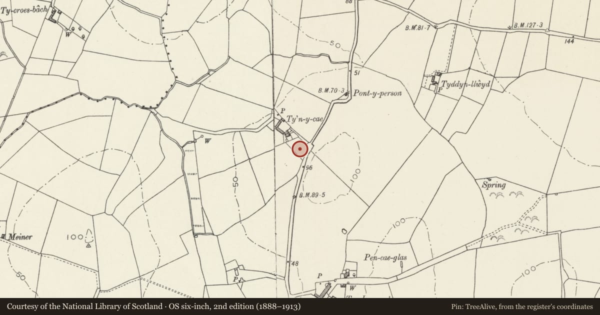 Ordnance Survey six-inch map, 2nd edition (1888–1913) covering the location of Uwch y don, Llanfaethlu, Isle of Anglesey, with a pin at the register's coordinates