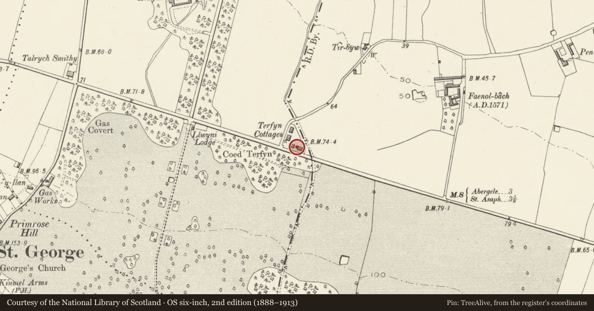 Ordnance Survey six-inch map, 2nd edition (1888–1913) covering the location of 7 Terfyn Cottages, Bodelwyddan, Denbighshire, with a pin at the register's coordinates