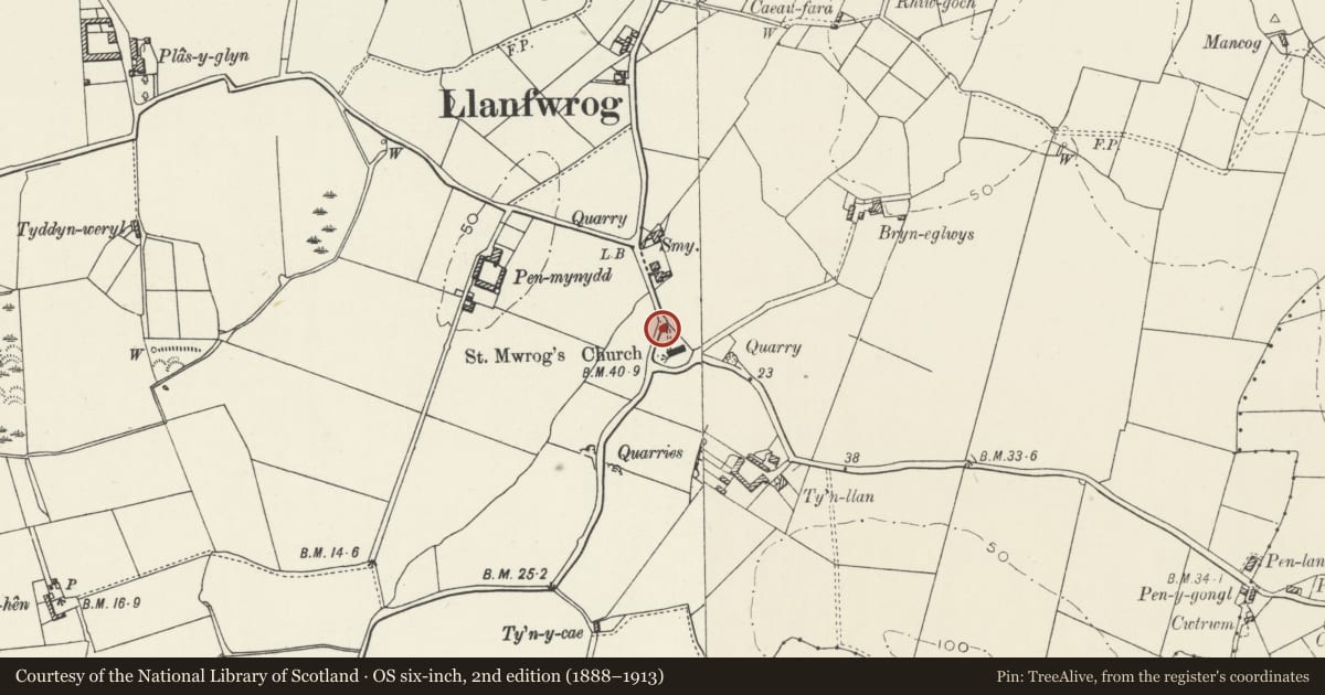 Ordnance Survey six-inch map, 2nd edition (1888–1913) covering the location of Churchyard walls and outbuilding, Church of St Mwrog, Llanfaethlu, Isle of Anglesey, with a pin at the register's coordinates
