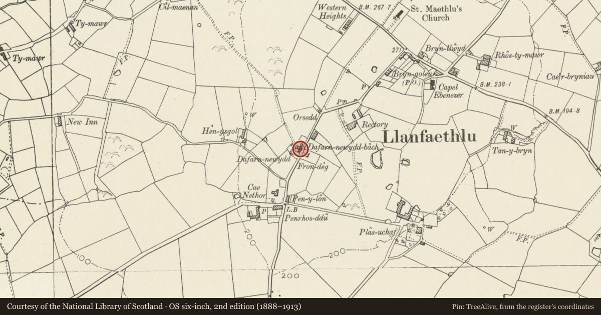 Ordnance Survey six-inch map, 2nd edition (1888–1913) covering the location of Garden wall and gateway, Dafarn-newydd, Llanfaethlu, Isle of Anglesey, with a pin at the register's coordinates