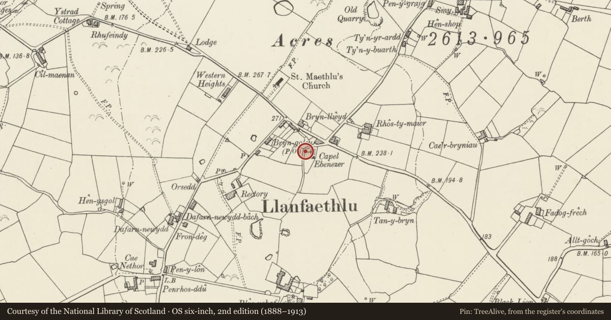 Ordnance Survey six-inch map, 2nd edition (1888–1913) covering the location of Outbuilding, Ebenezer Chapel, Llanfaethlu, Isle of Anglesey, with a pin at the register's coordinates