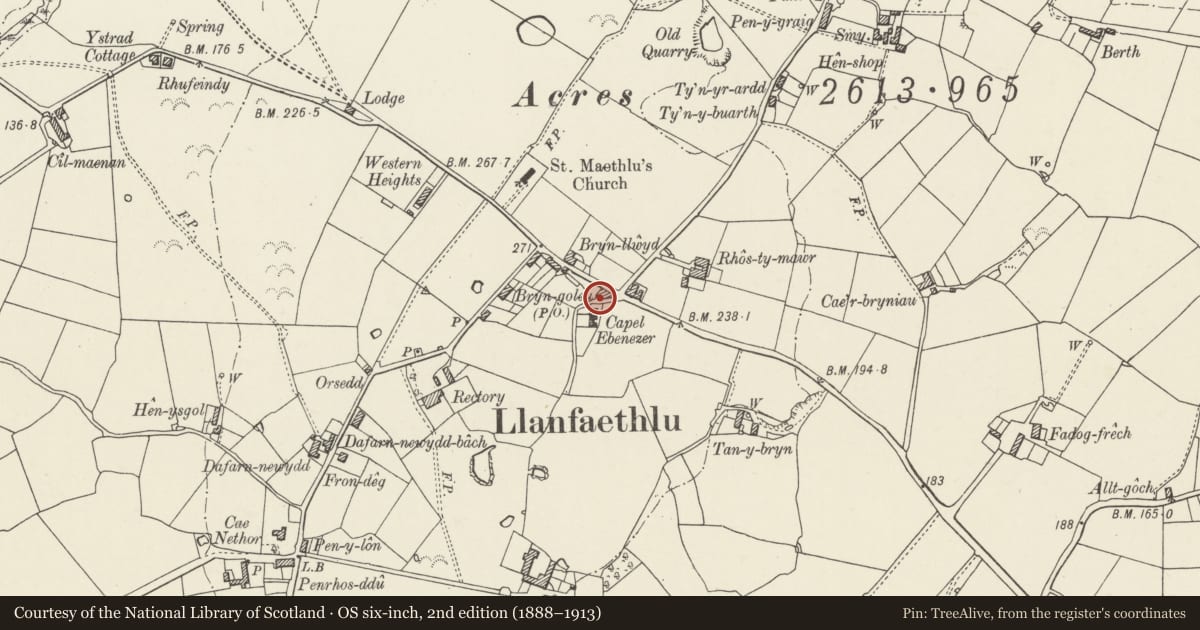 Ordnance Survey six-inch map, 2nd edition (1888–1913) covering the location of Gate and gateposts, wall and railings, Ebenezer Chapel, Llanfaethlu, Isle of Anglesey, with a pin at the register's coordinates