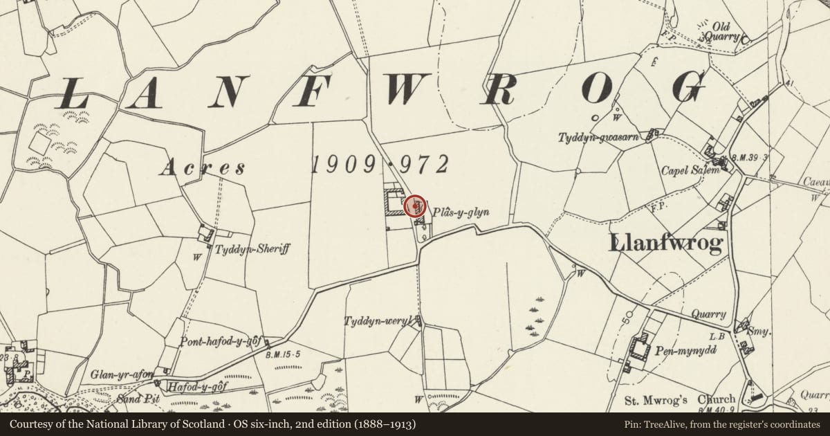 Ordnance Survey six-inch map, 2nd edition (1888–1913) covering the location of Cartshed-granary range, Plas y Glyn, Llanfaethlu, Isle of Anglesey, with a pin at the register's coordinates