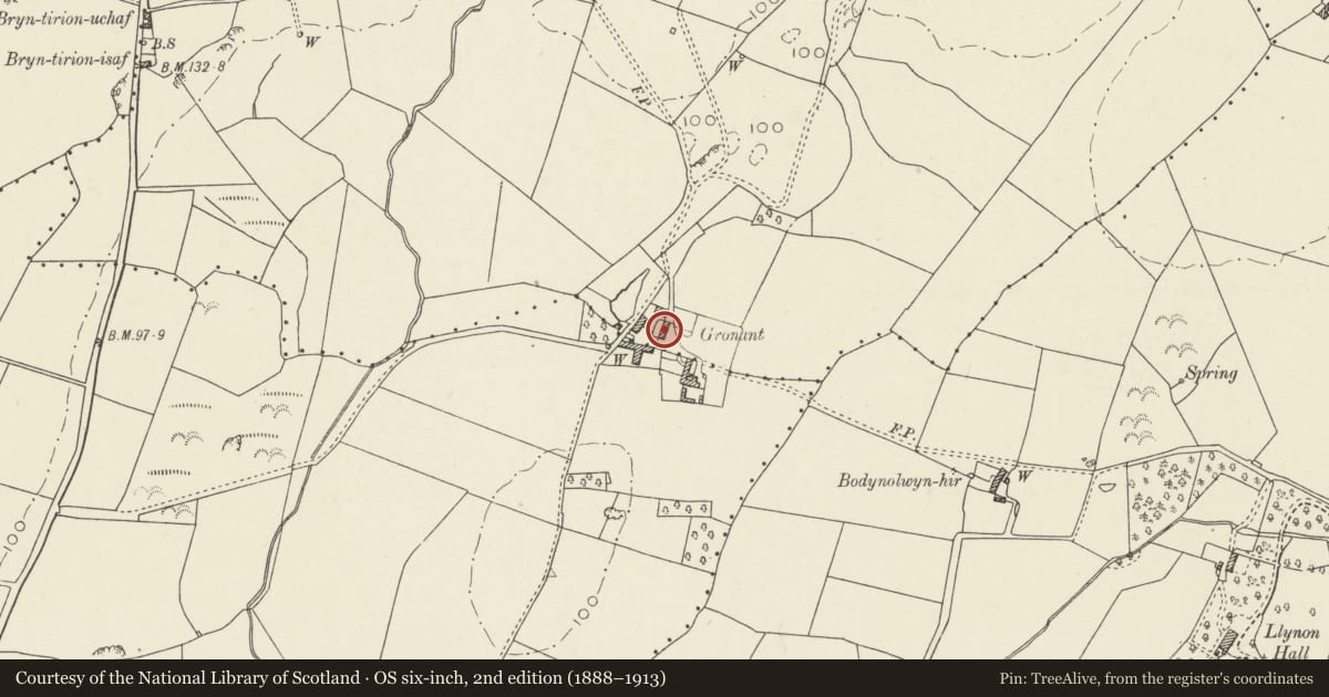 Ordnance Survey six-inch map, 2nd edition (1888–1913) covering the location of Hammels and hammel yard walls, Gronant, Llanfaethlu, Isle of Anglesey, with a pin at the register's coordinates