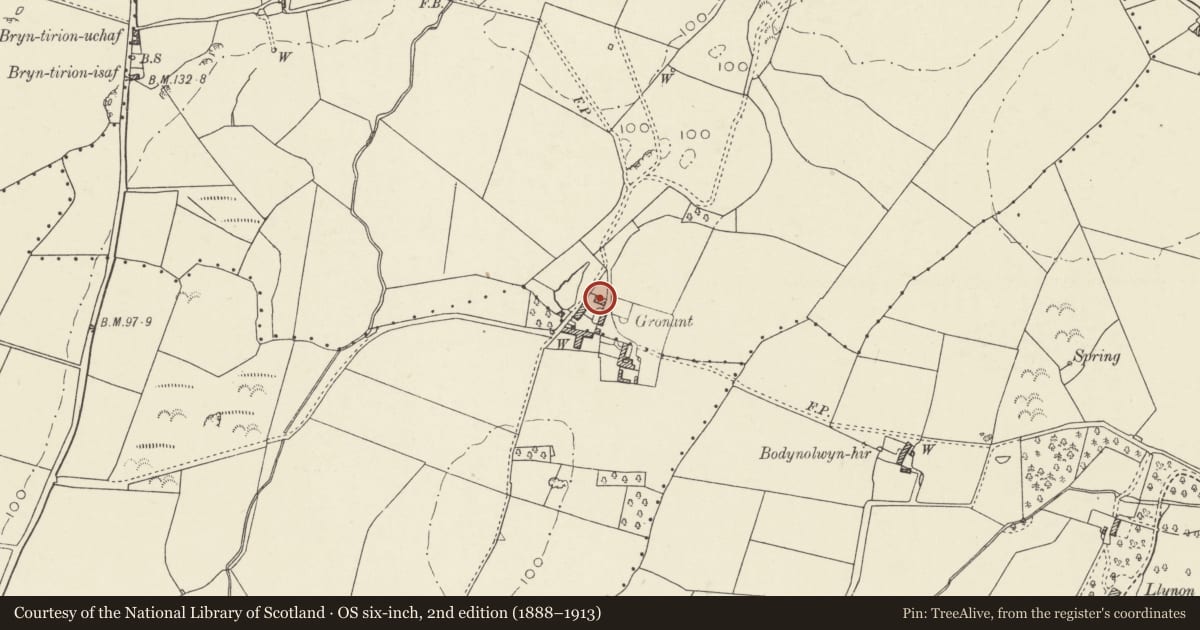 Ordnance Survey six-inch map, 2nd edition (1888–1913) covering the location of Cornbarn range, Gronant, Llanfaethlu, Isle of Anglesey, with a pin at the register's coordinates