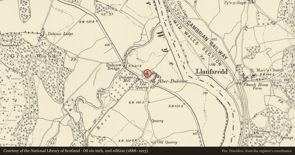 Ordnance Survey six-inch map, 2nd edition (1888–1913) covering the location of Outbuilding to rear of house at Aberduhonw, Powys, with a pin at the register's coordinates
