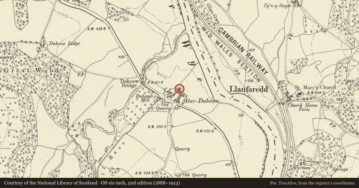 Ordnance Survey six-inch map, 2nd edition (1888–1913) covering the location of Barn to rear of farm court at Aberduhonw, Powys, with a pin at the register's coordinates