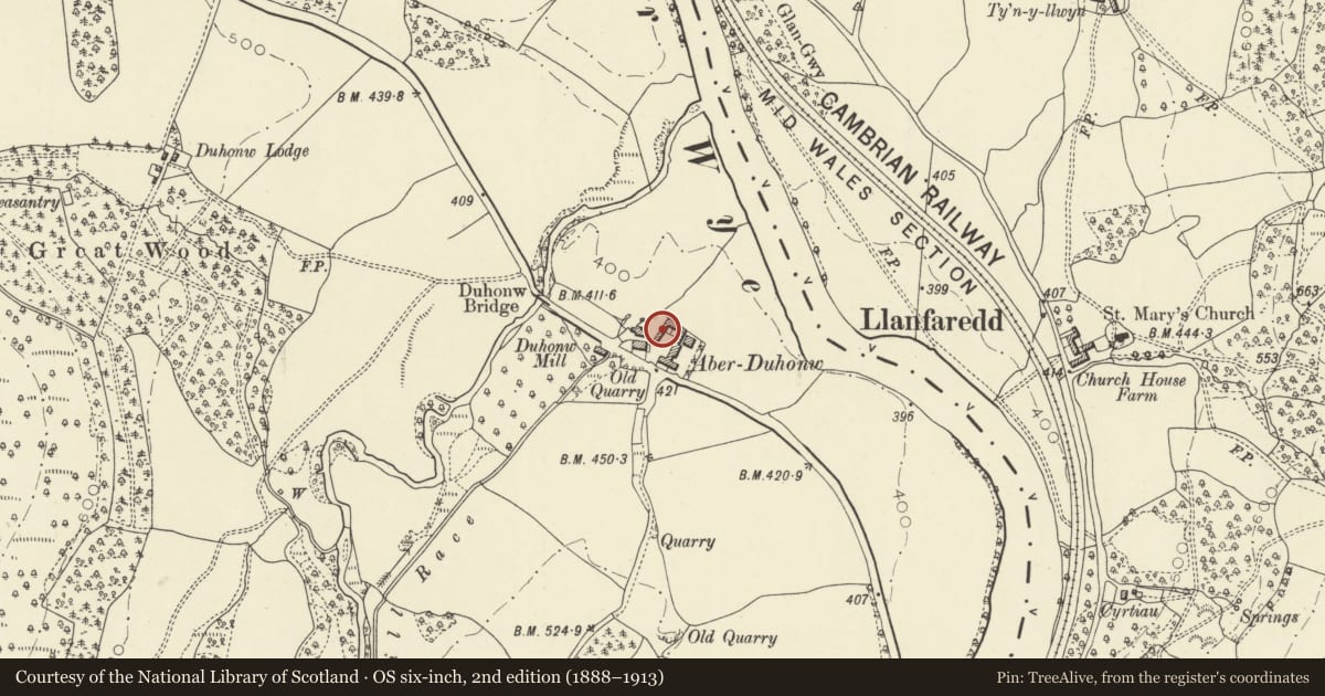 Ordnance Survey six-inch map, 2nd edition (1888–1913) covering the location of Outbuilding on W side of farmyard at Aberduhonw, Powys, with a pin at the register's coordinates