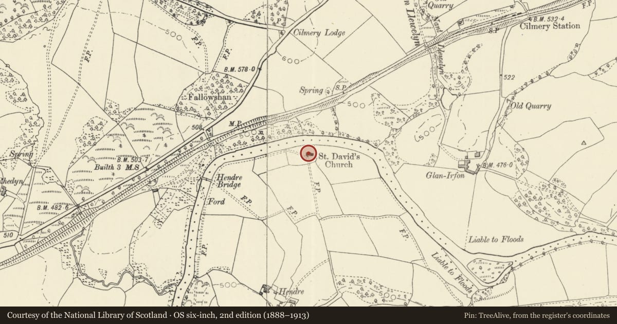 Ordnance Survey six-inch map, 2nd edition (1888–1913) covering the location of Church of St David or St Llyr, Duhonw, Powys, with a pin at the register's coordinates