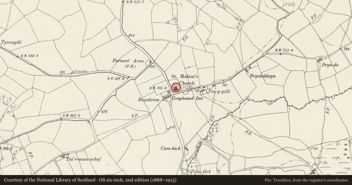 Ordnance Survey six-inch map, 2nd edition (1888–1913) covering the location of Church of St Mabon, Nelson, Caerphilly, with a pin at the register's coordinates