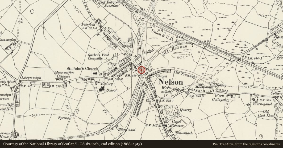 Ordnance Survey six-inch map, 2nd edition (1888–1913) covering the location of War Memorial, Nelson, Caerphilly, with a pin at the register's coordinates