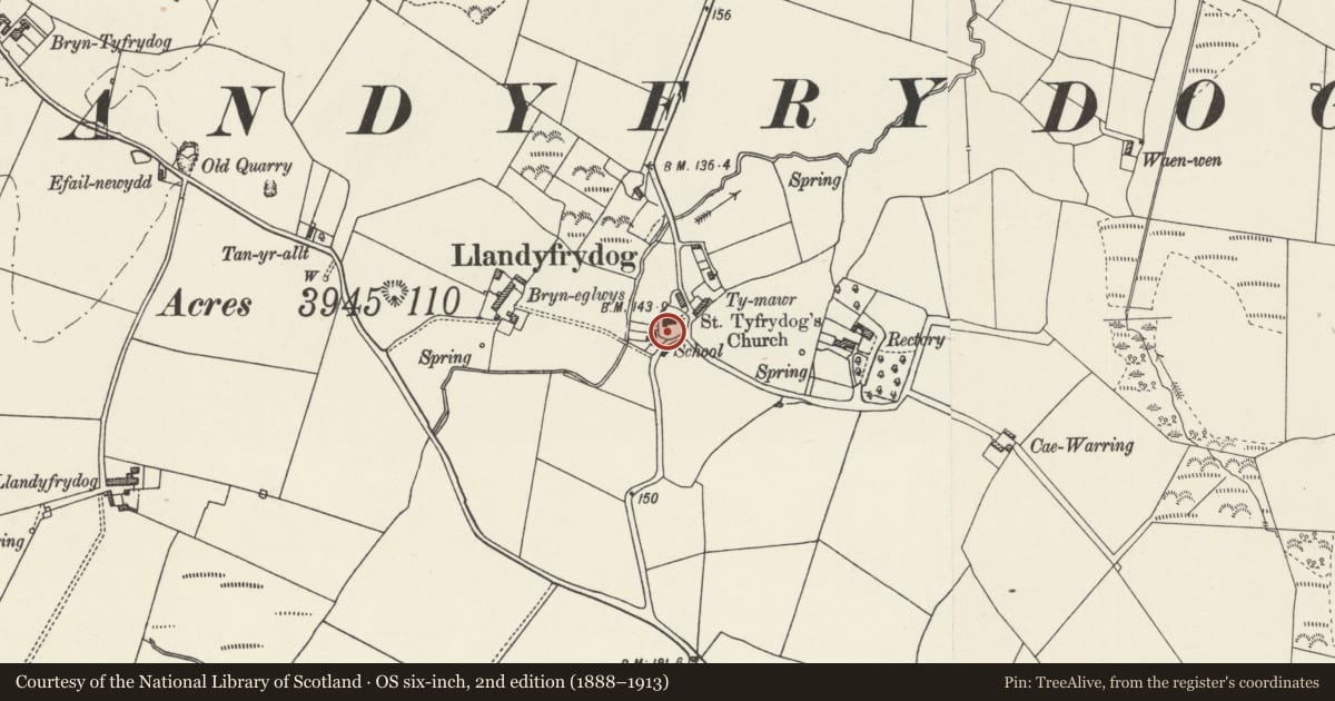 Ordnance Survey six-inch map, 2nd edition (1888–1913) covering the location of Sundial at Church of St Tyfrydog, Rhosybol, Isle of Anglesey, with a pin at the register's coordinates