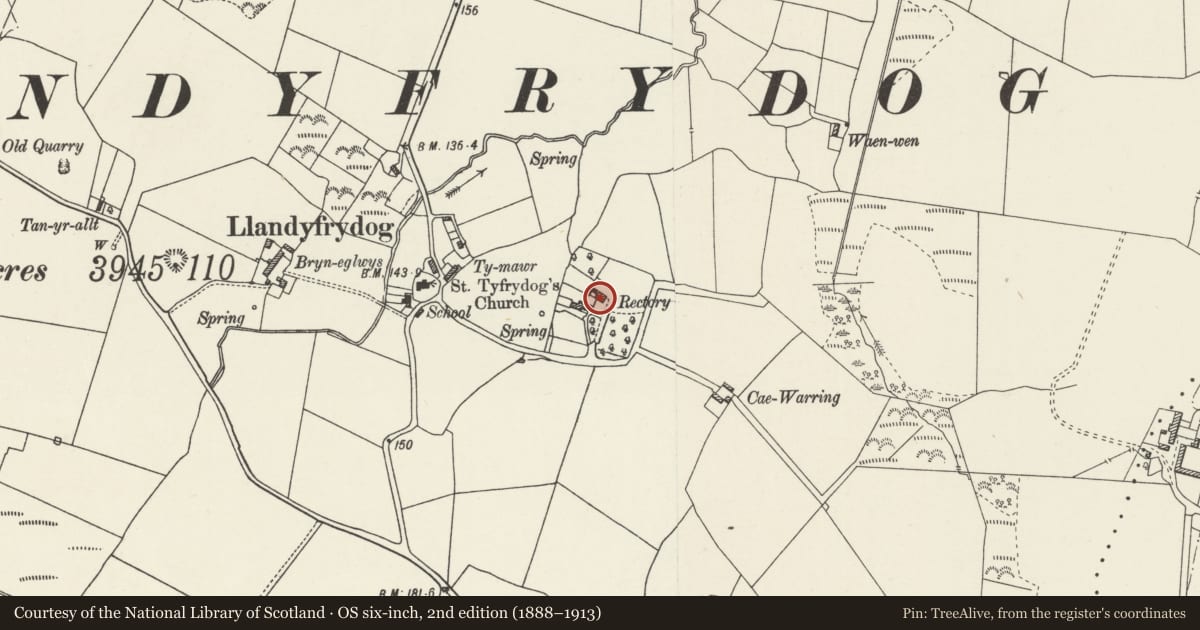 Ordnance Survey six-inch map, 2nd edition (1888–1913) covering the location of Rectory, Rhosybol, Isle of Anglesey, with a pin at the register's coordinates