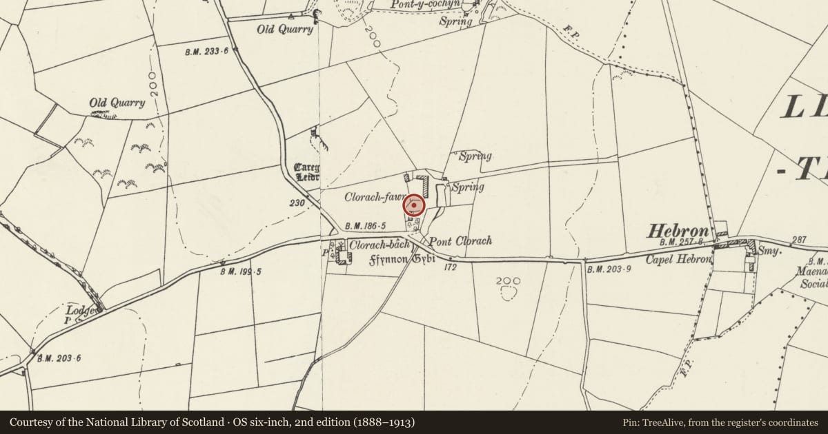 Ordnance Survey six-inch map, 2nd edition (1888–1913) covering the location of Clorach-fawr, Rhosybol, Isle of Anglesey, with a pin at the register's coordinates
