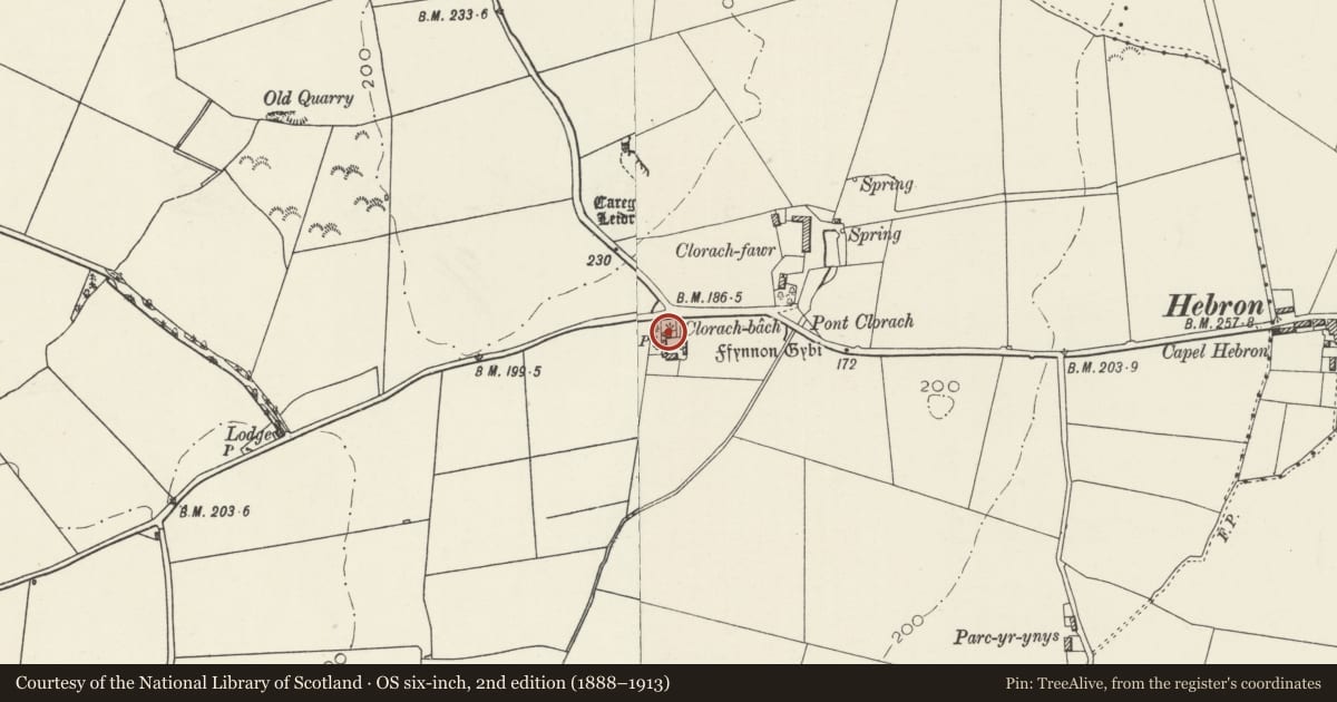 Ordnance Survey six-inch map, 2nd edition (1888–1913) covering the location of Clorach-bach, Rhosybol, Isle of Anglesey, with a pin at the register's coordinates
