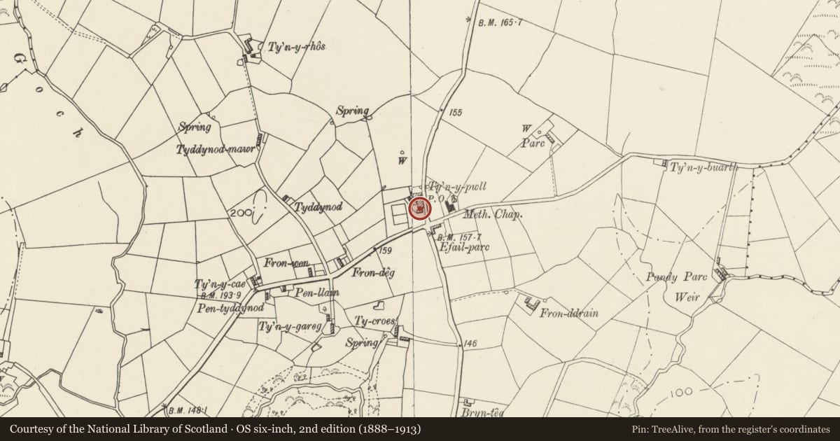 Ordnance Survey six-inch map, 2nd edition (1888–1913) covering the location of Tyn y Pwll, Rhosybol, Isle of Anglesey, with a pin at the register's coordinates