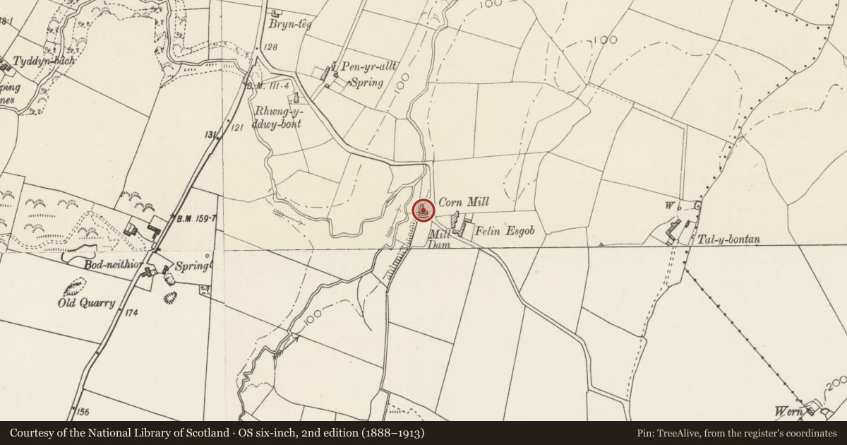Ordnance Survey six-inch map, 2nd edition (1888–1913) covering the location of Melin Esgob, Rhosybol, Isle of Anglesey, with a pin at the register's coordinates