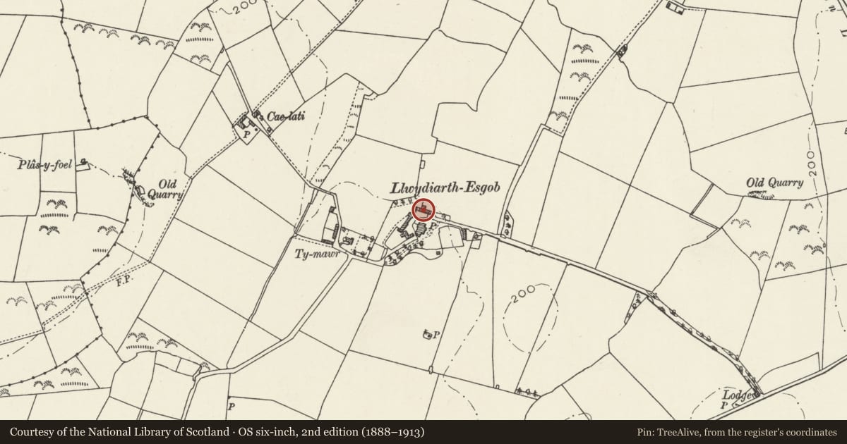 Ordnance Survey six-inch map, 2nd edition (1888–1913) covering the location of Range including pigsties, laundry, slaughter house, cartsheds and coalshed at Llwydiarth Esgob Farm, Rhosybol, Isle of Anglesey, with a pin at the register's coordinates