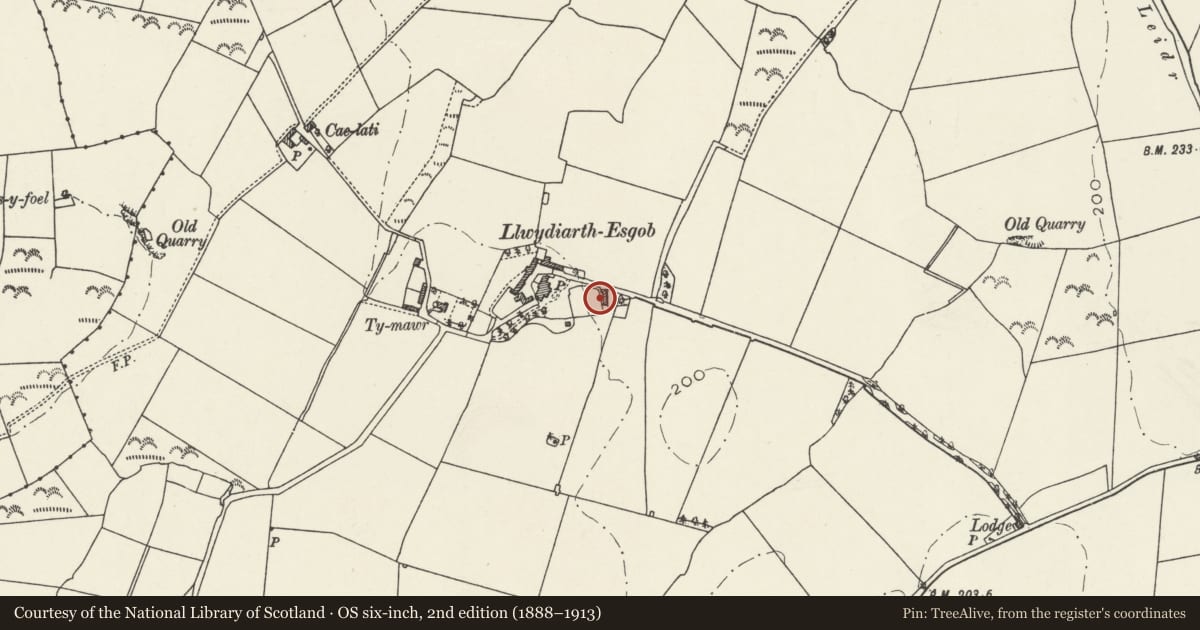 Ordnance Survey six-inch map, 2nd edition (1888–1913) covering the location of Hammels at Llwydiarth Esgob Farm, Rhosybol, Isle of Anglesey, with a pin at the register's coordinates