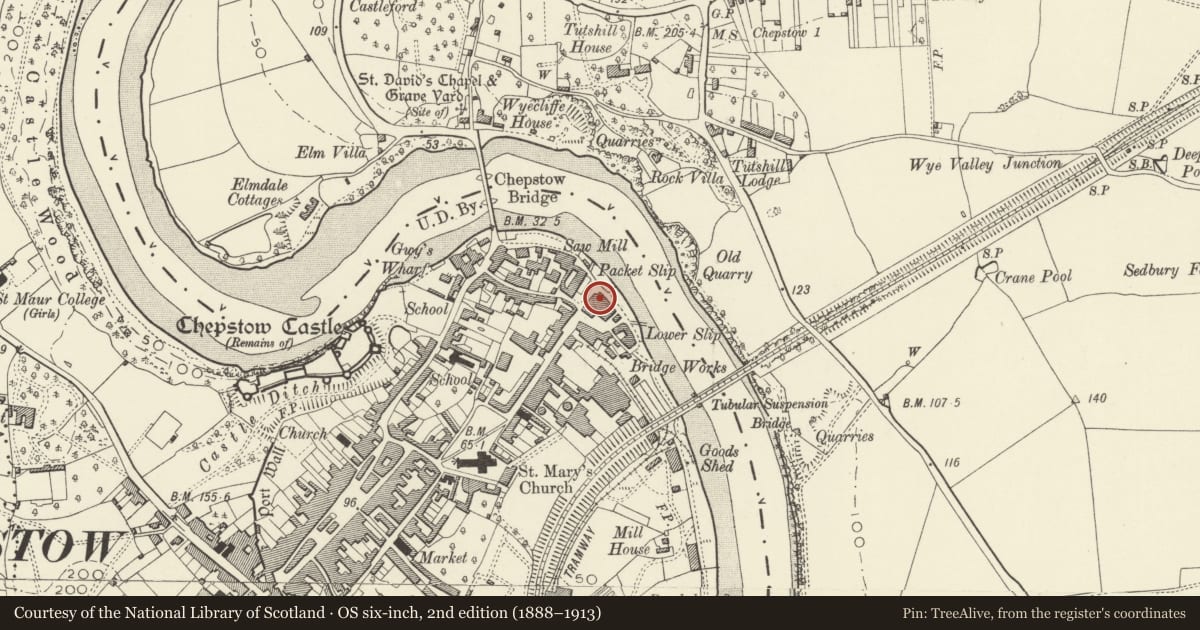 Ordnance Survey six-inch map, 2nd edition (1888–1913) covering the location of The Boat Inn, Chepstow, Monmouthshire, with a pin at the register's coordinates