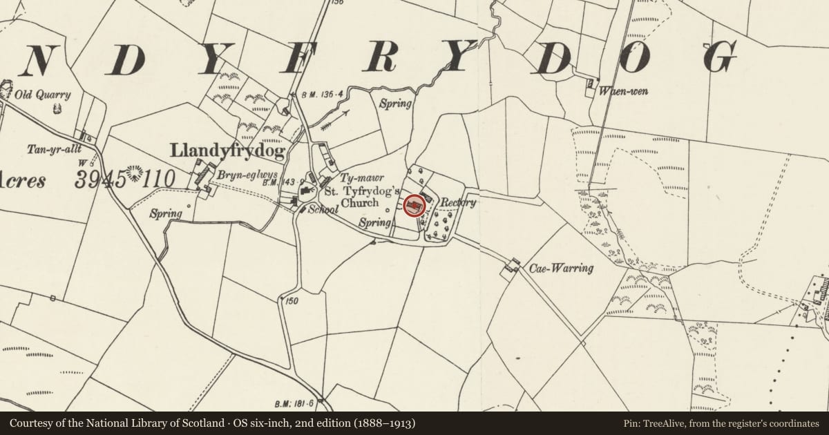 Ordnance Survey six-inch map, 2nd edition (1888–1913) covering the location of Agricultural range at Rectory, Rhosybol, Isle of Anglesey, with a pin at the register's coordinates