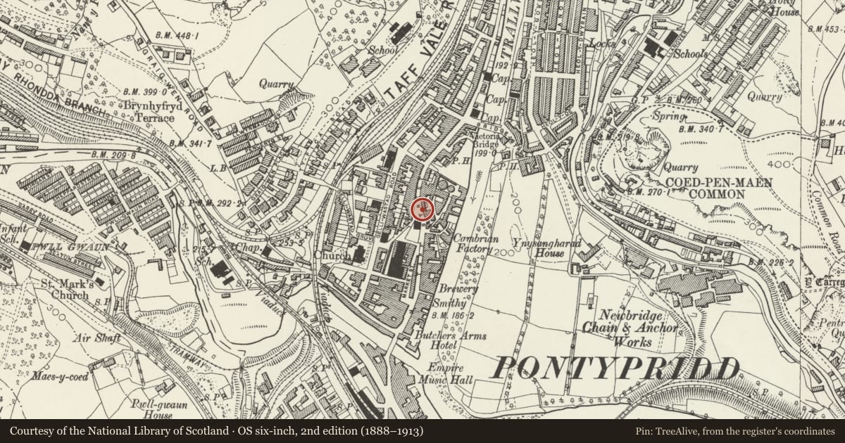 Ordnance Survey six-inch map, 2nd edition (1888–1913) covering the location of Drinking Fountain, Pontypridd, Rhondda Cynon Taff, with a pin at the register's coordinates