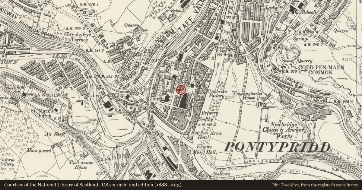 Ordnance Survey six-inch map, 2nd edition (1888–1913) covering the location of Pontypridd United Church including attached second hall, Rhondda Cynon Taff, with a pin at the register's coordinates