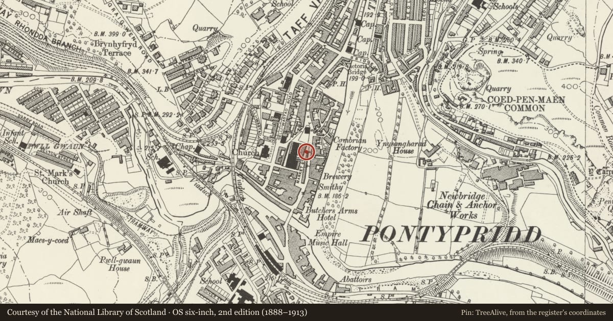 Ordnance Survey six-inch map, 2nd edition (1888–1913) covering the location of 10 Market Street, Pontypridd, Rhondda Cynon Taff, with a pin at the register's coordinates